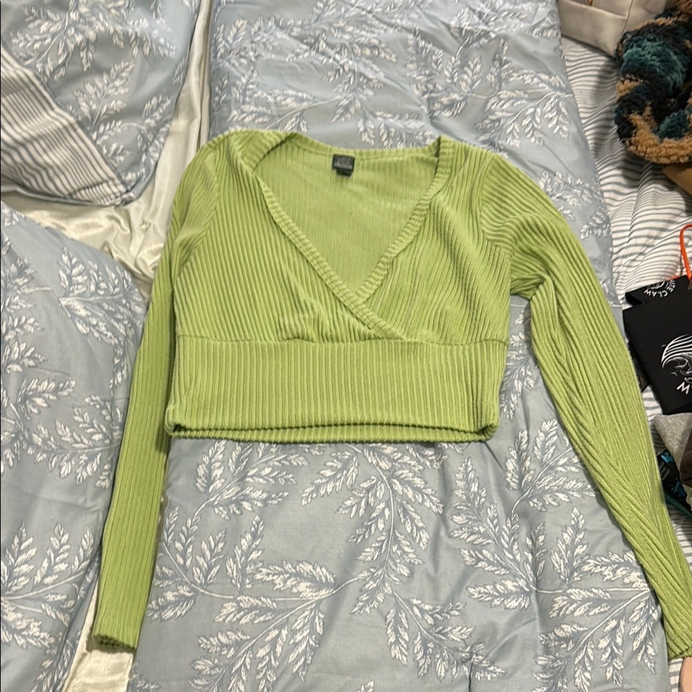 Green Ribbed Wrap Top
